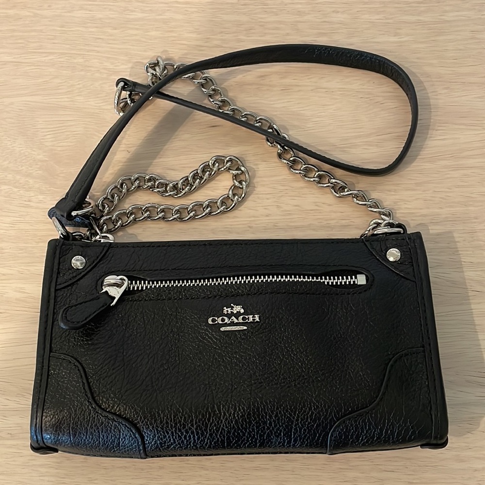 Coach Mickie Black Leather Crossbody  Silver Chain Bag